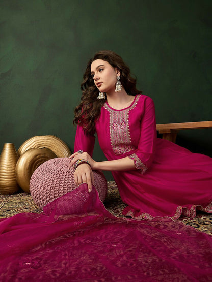 The52 Women's Beautiful Embroidery Work Vichitra Fabric A-line Kurta Pant and Dupatta Set-Pink