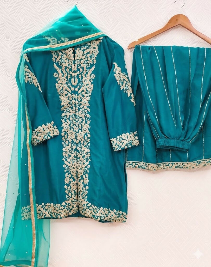 Teeya Creation Womens New Trendy Silk With Heavy Embroiedery With Sequence Work Teal Kurta Set