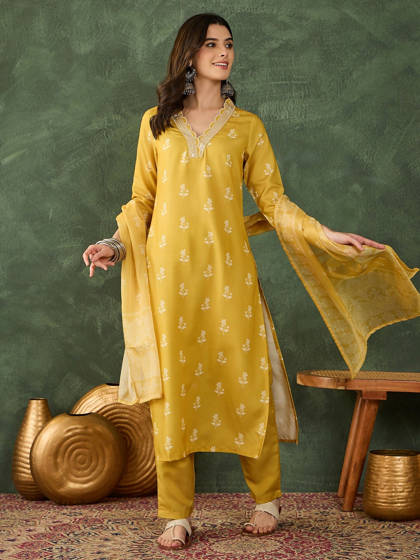 The52 Women's Gorgeous Rayon Fabric Printed Work Straight Kurta Pant and Dupatta Set-Yellow