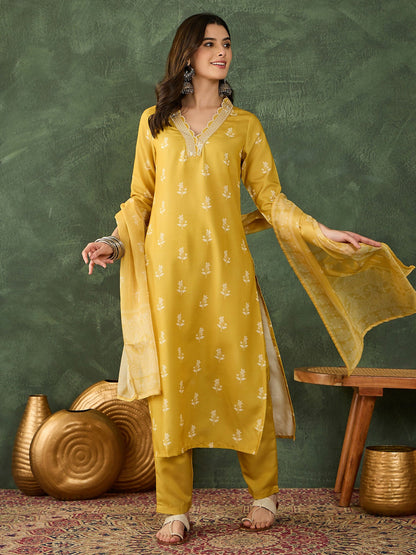 The52 Women's Gorgeous Rayon Fabric Printed Work Straight Kurta Pant and Dupatta Set-Yellow