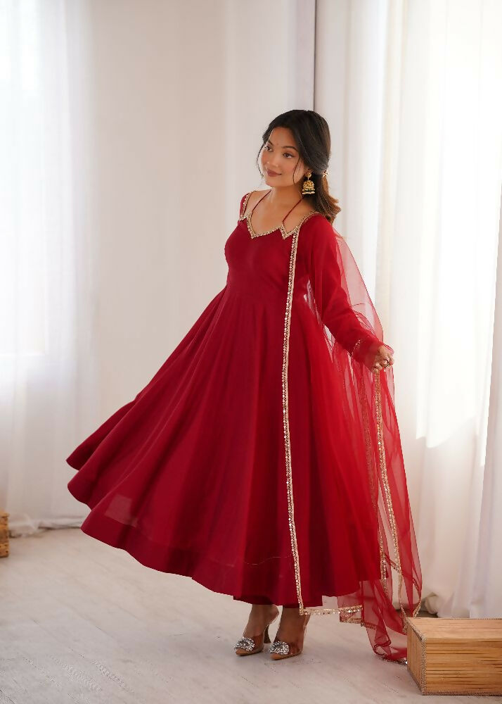 The52 Women's Gorgeous Embroidery Work Roman Silk Chanderi Fabric Flared Anarkali Pant and Dupatta Set