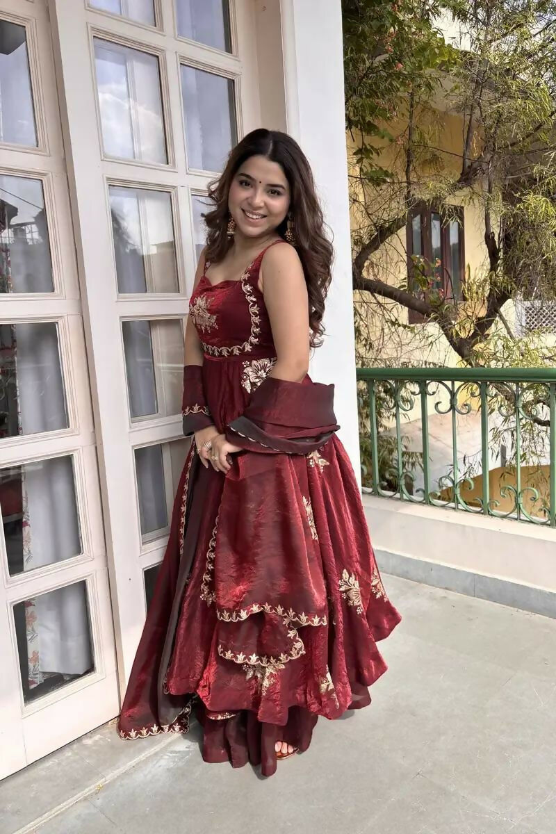 Teeya Creation Womens Best Heavy Quality Fabric With Met Sequence Embroidery Zari Work Maroon Gown Set