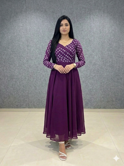 Teeya Creation Women's Wine Bandhani Print Anarkali Gown