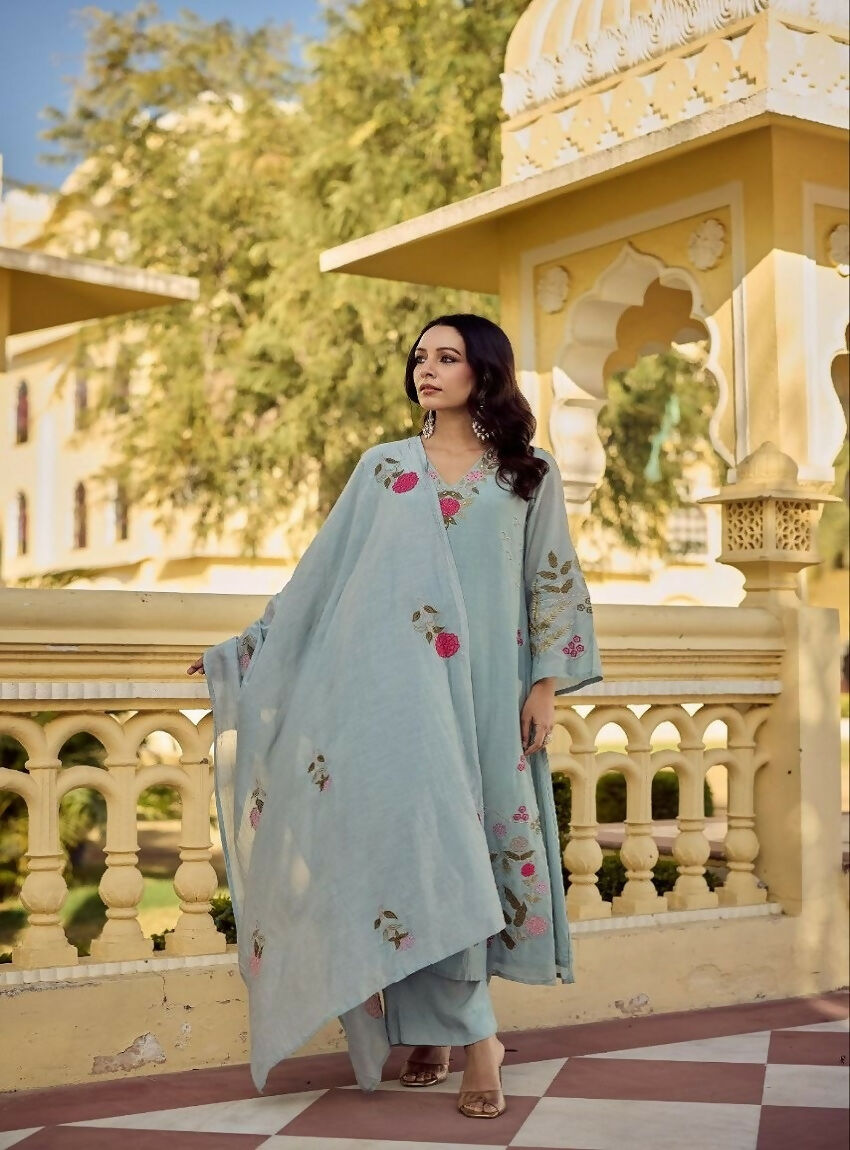 Teeya Creation Elegant Pastel Grey-Green Embroidered Straight Suit Set With Dupatta For Festivals Weddings