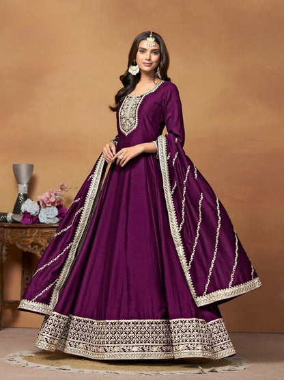 Anaita Wine Embroidered Art Silk Anarkali Suit