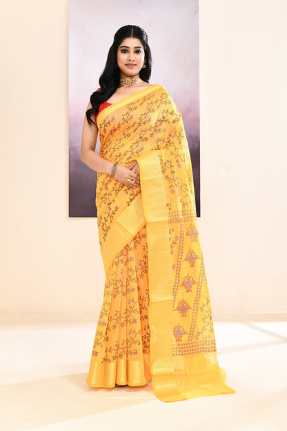 Piyari Fashion Women's Yellow Embellished Cotton Blend Printed Saree