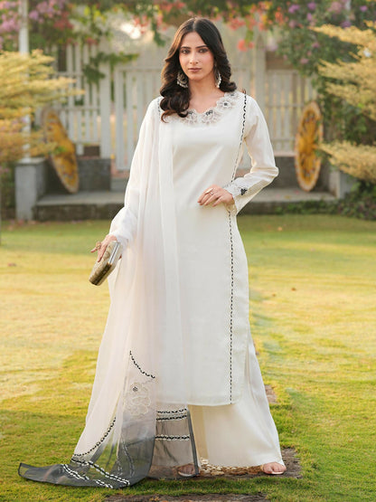 Nikhaar Cream Embroidered Art Silk Stitched Straight Cut Kurta Palazzo Dupatta Readymade Suit