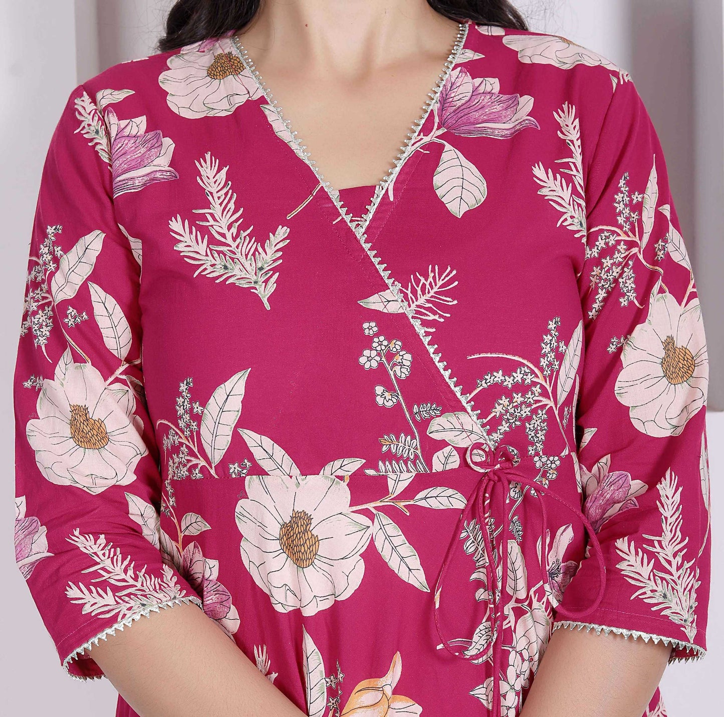 Miravan Womens Pink Floral Printed Angrakha Kurta