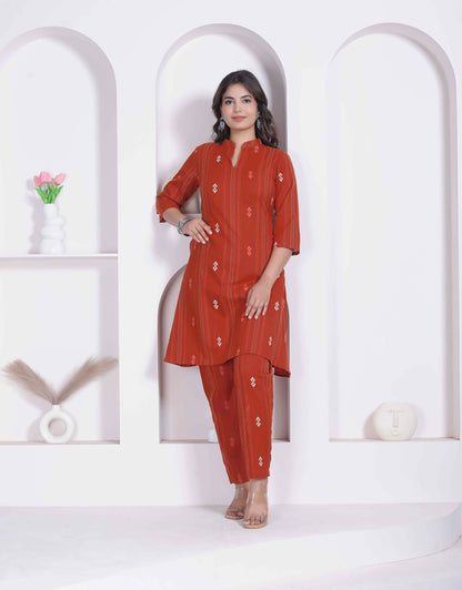 Miravan Womens Rust Color Abstract Printed Cotton Kurta With Palazzo