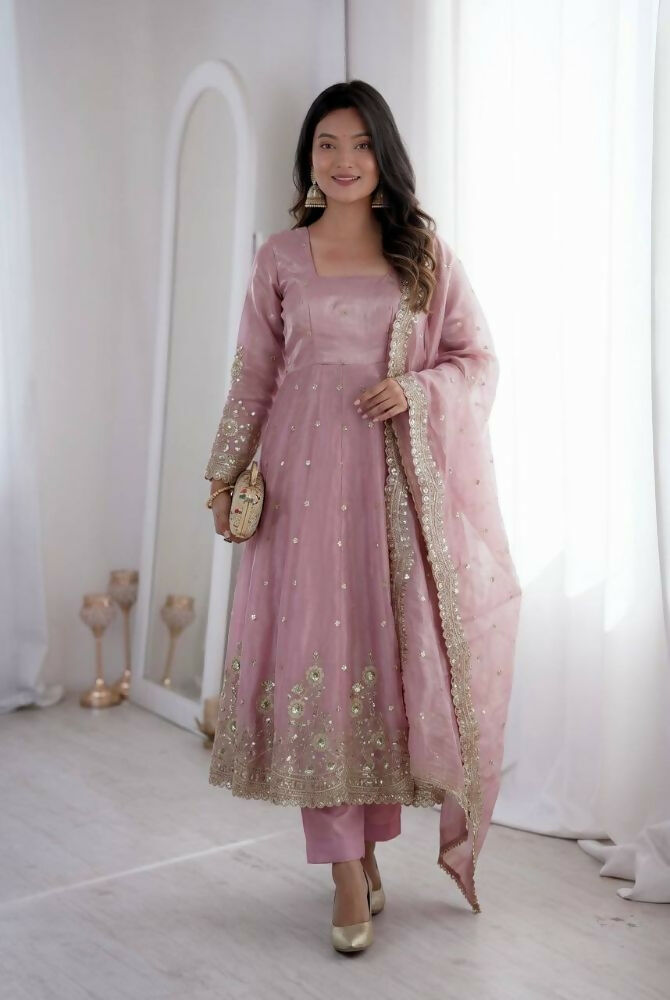 Teeya Creation Womens New Latest Trendy Elegant Baby Pink Embroidered Anarkali Suit Set with Scalloped Dupatta