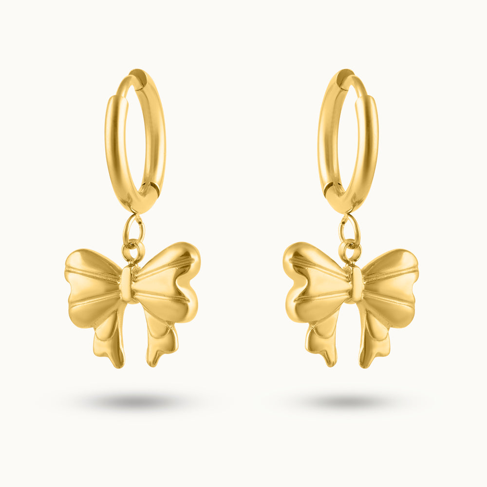 Golden Bow Charm Hoop Drop Earrings