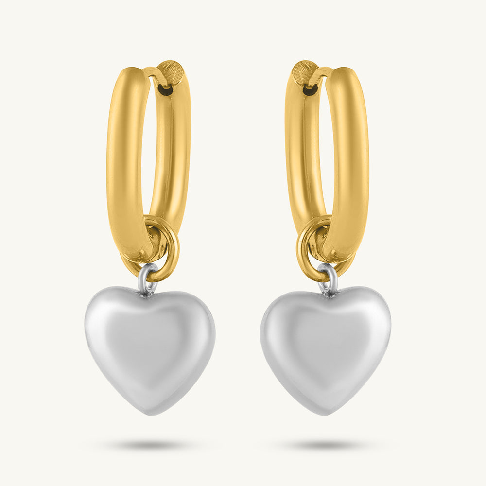 Dual Tone Heart Charm Drop Hoops