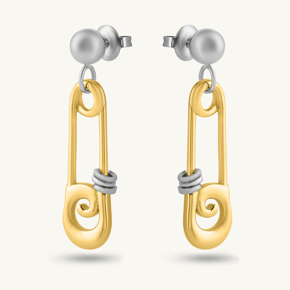Dual Tone Safety Pin Drop Earrings