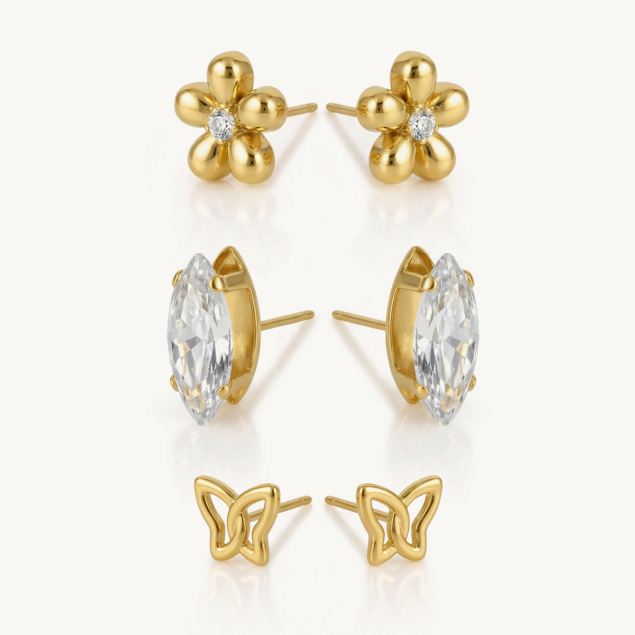 Bloom Wings CZ & Floral Stud Earring Set