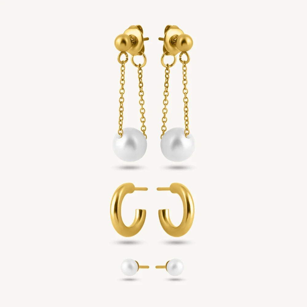 Pearl Drape Chain, Hoops & Stud Earring Set