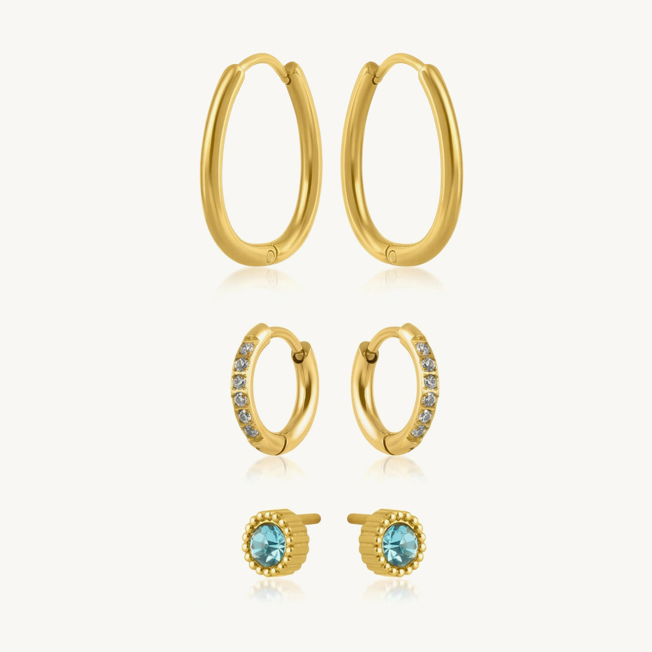 Aqua Glow Stud & Golden Hoop Earring Set