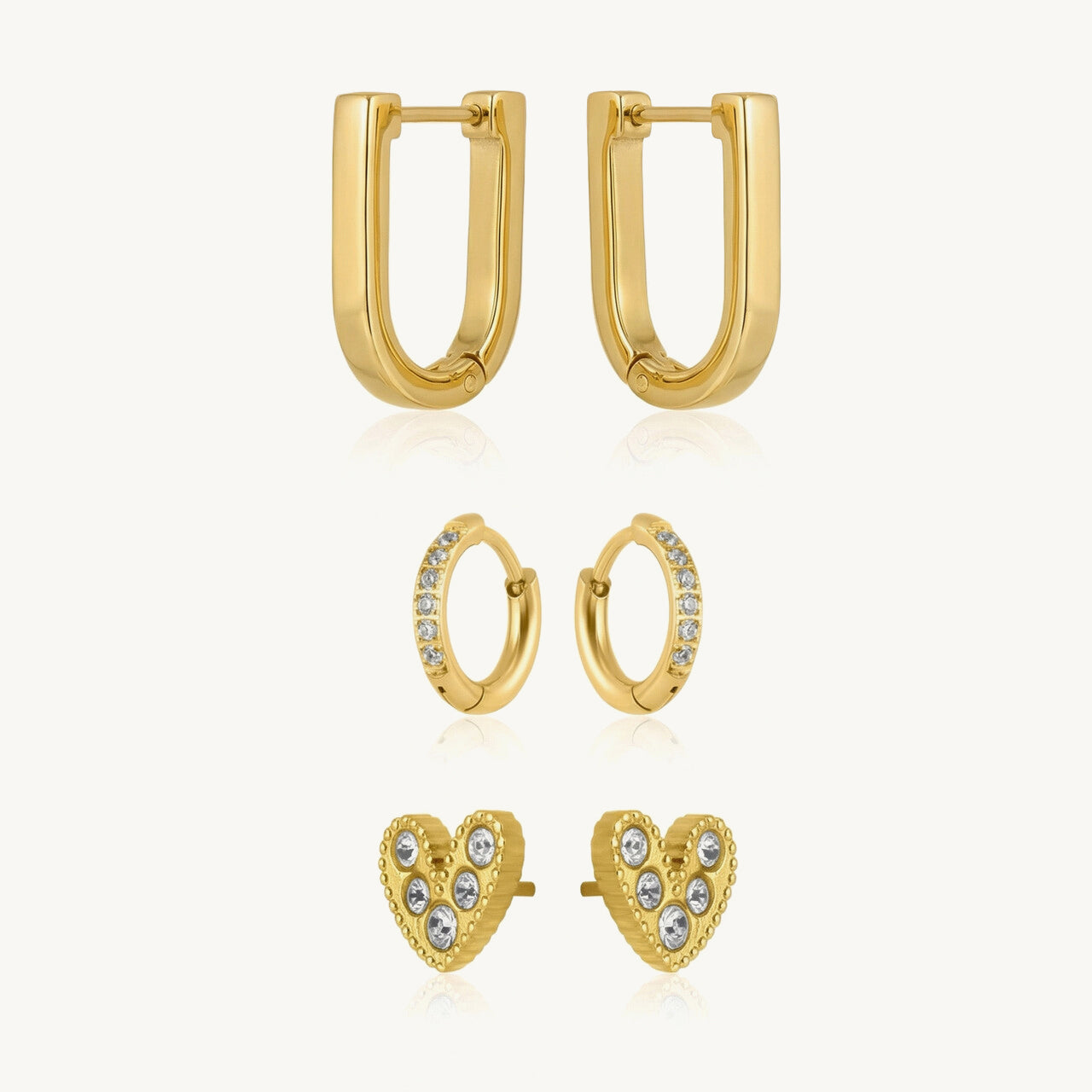 Golden U-Hoop & Heart Earring Set