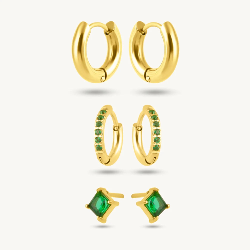 Emerald Edge Studs & Golden Hoop Earring Set
