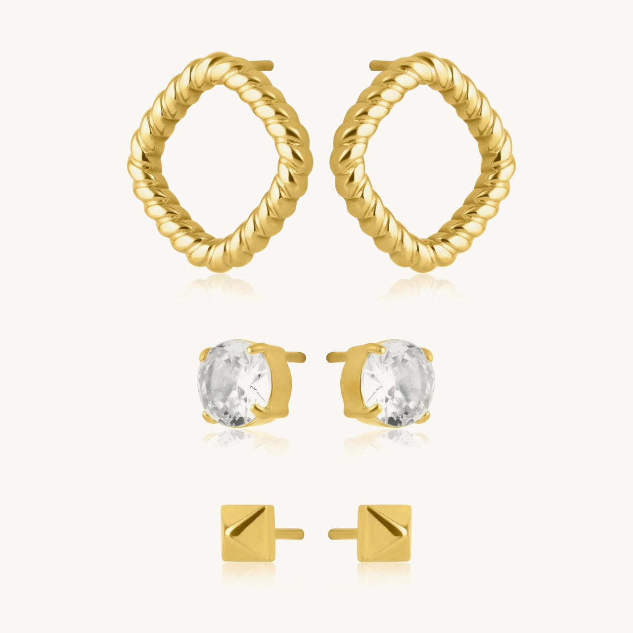 Rope Square Golden Hoop & Sparkle Stud Earring Set