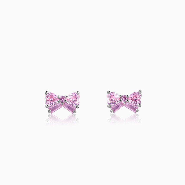 Silver Pink Bow Stud Earrings