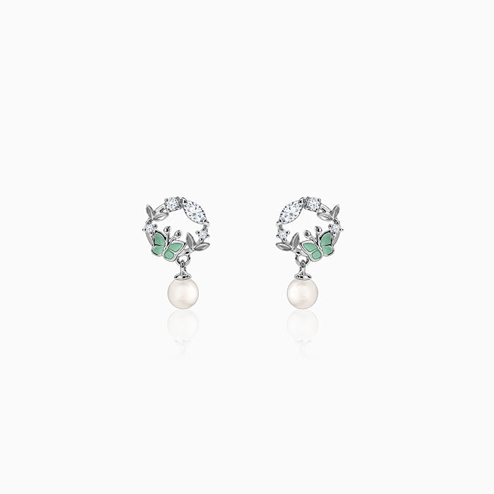 Silver Butterfly Pause Pearl Drop Earrings