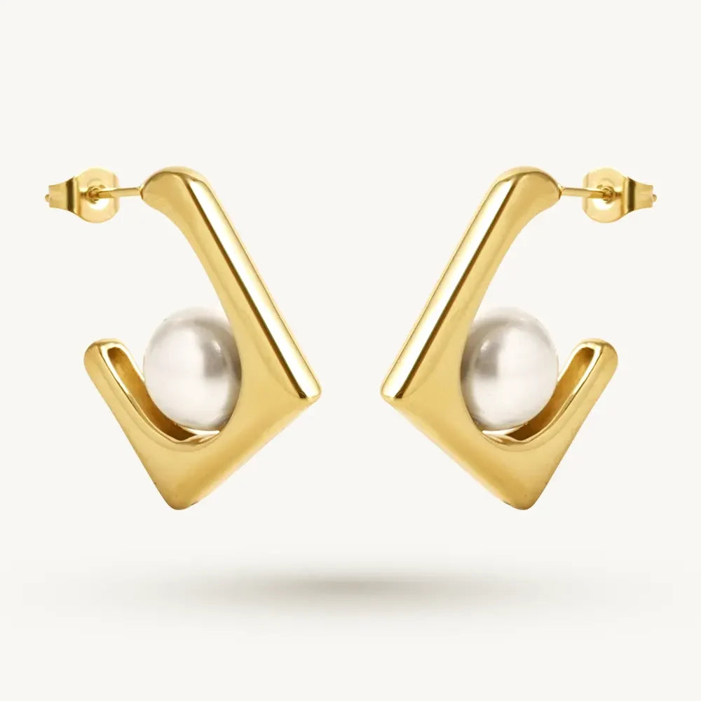 Square Pearl Frame Half Hoop Stud Earrings