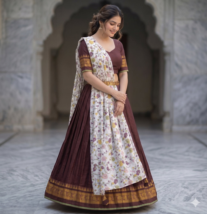 Teeya Creation Womens New Trendy Brown Traditional Pleated Lehenga Choli Set with Floral Printed Dupatta and Contrast Zari Border Set