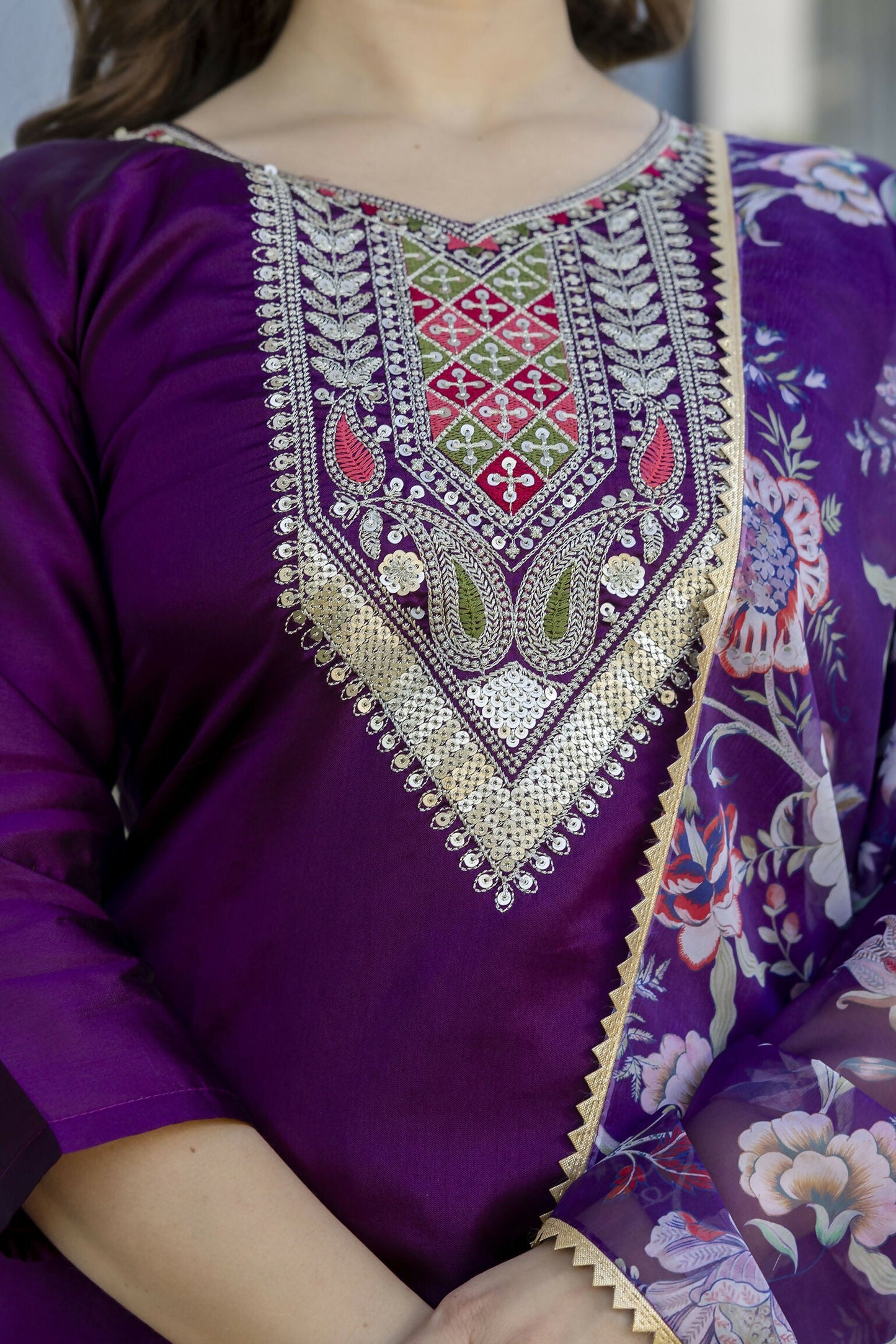 The52 Women's Gorgeous Embroidery Work Chanderi Cotton Fabric Straight Kurta Pant and Dupatta Set-Purple