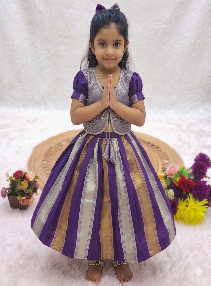 Teeya Creation Latest Designer Girls Royal Purple Silk Pattu Pavadai Lehenga Choli Set With Brocade Koti-Purple