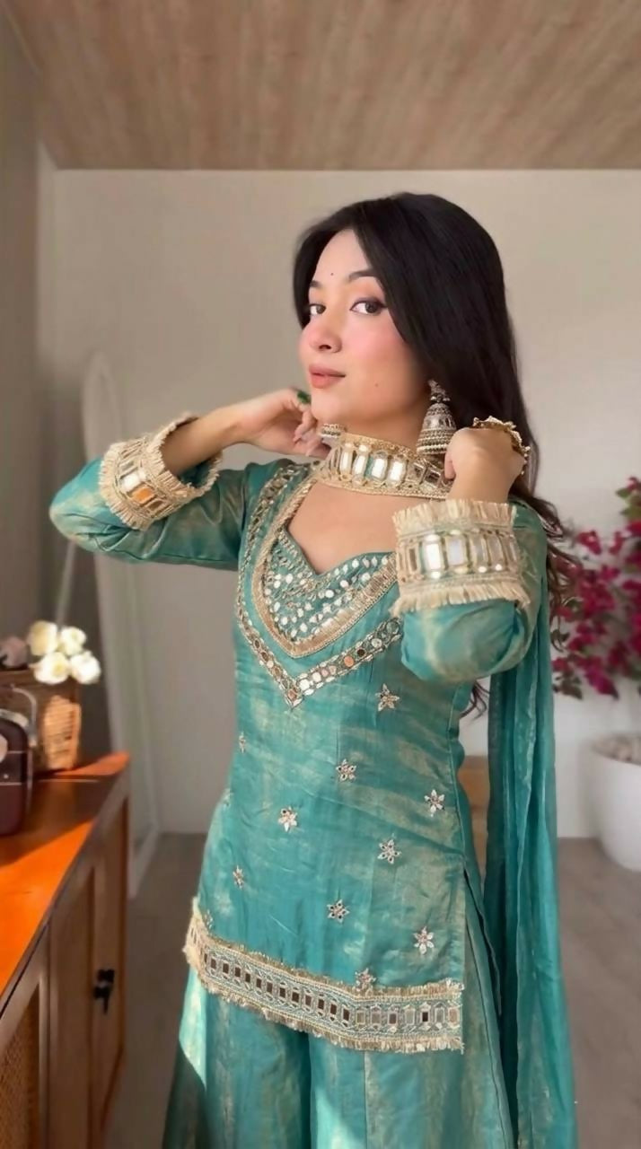Teeya Creation New Trendy Stylish Real Mirror Work With Lace Border Teal Kurta Set