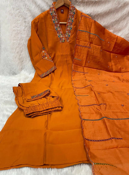 Teeya Creation Orange Silk Kurta Pant Set With Scalloped Dupatta