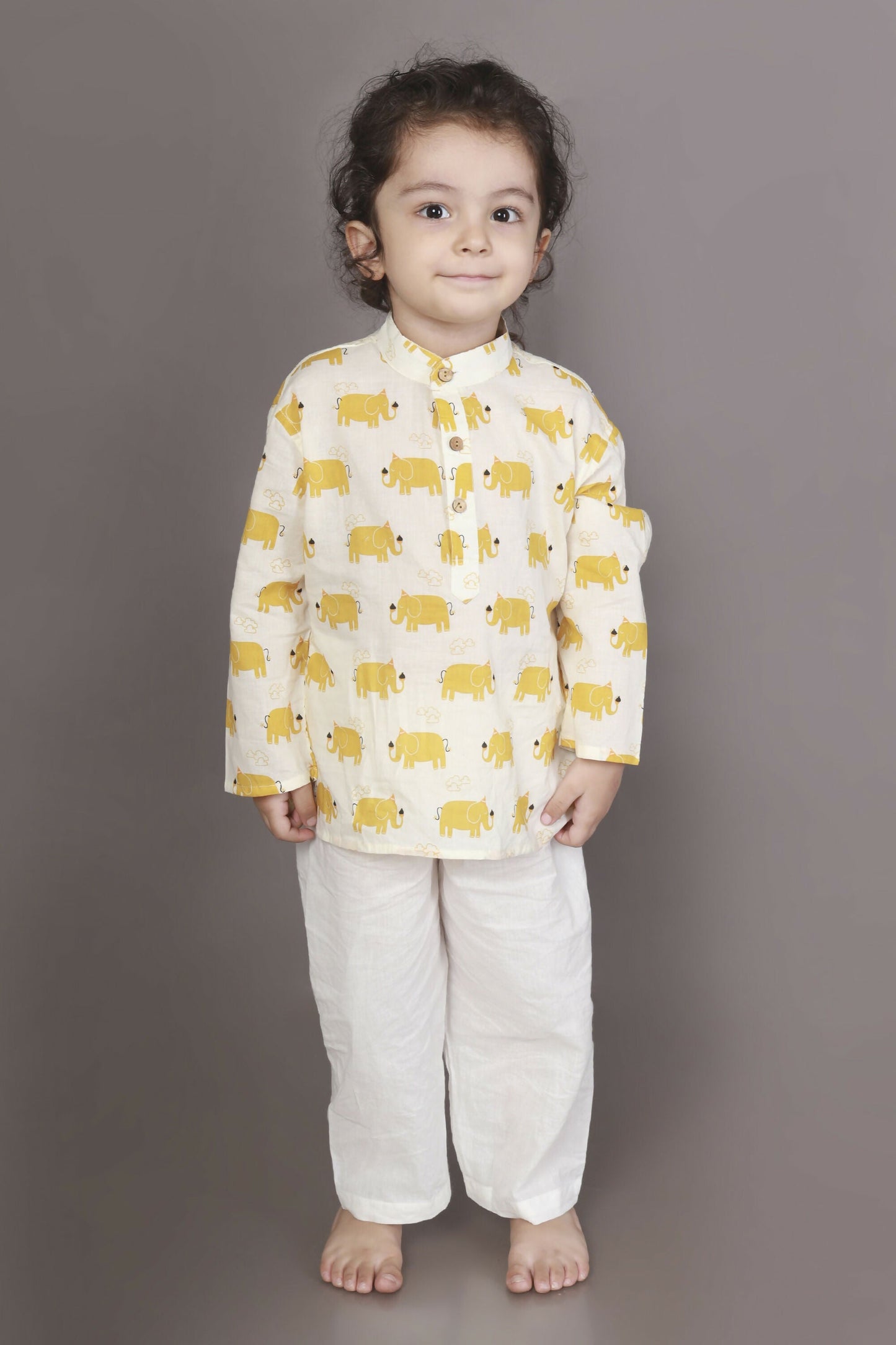 Breathables Kids Cotton Night Suit  Yellow Elephant Print Kurta & Pyjama Co-Ord Set For Boys & Girls