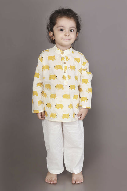 Breathables Kids Cotton Night Suit  Yellow Elephant Print Kurta & Pyjama Co-Ord Set For Boys & Girls