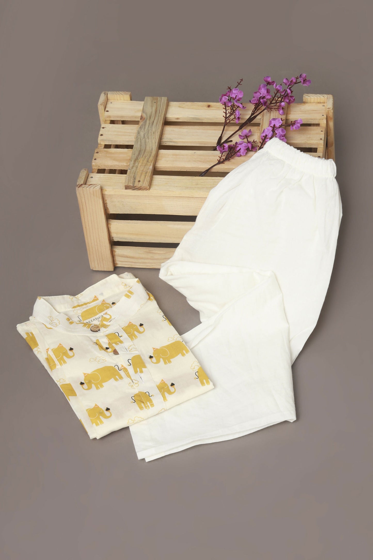 Breathables Kids Cotton Night Suit  Yellow Elephant Print Kurta & Pyjama Co-Ord Set For Boys & Girls