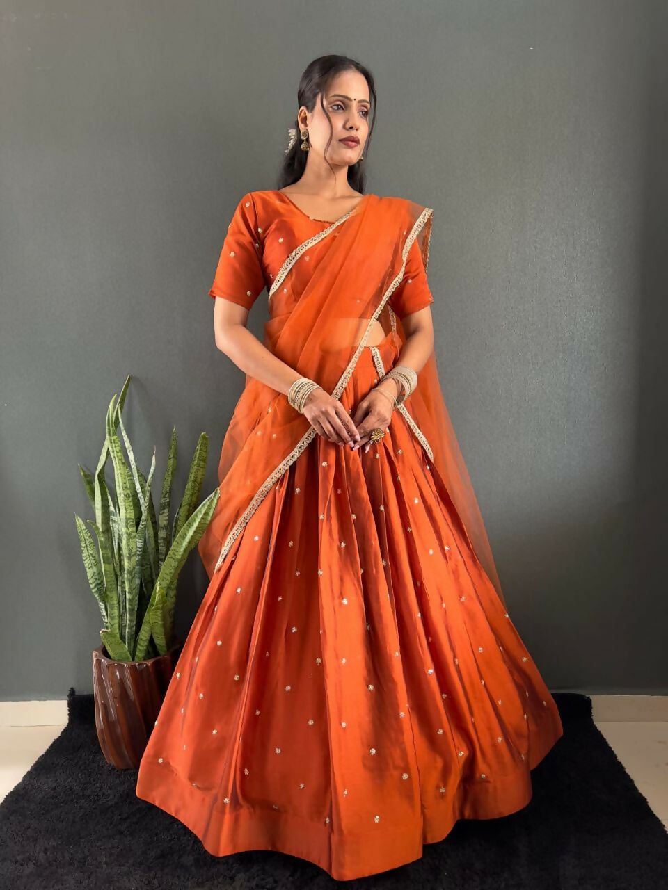 Teeya Creation New Trendy Stylist South Style Lehenga Choli Set - Orange