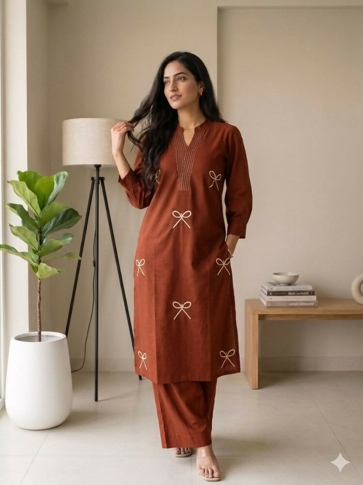 Teeya Creation Women New Trendy Rust Orange Embroidered Cotton Kurta with Palazzos
