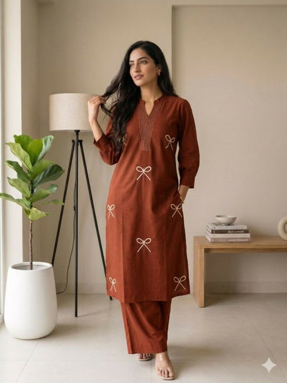 Teeya Creation Women New Trendy Rust Orange Embroidered Cotton Kurta with Palazzos