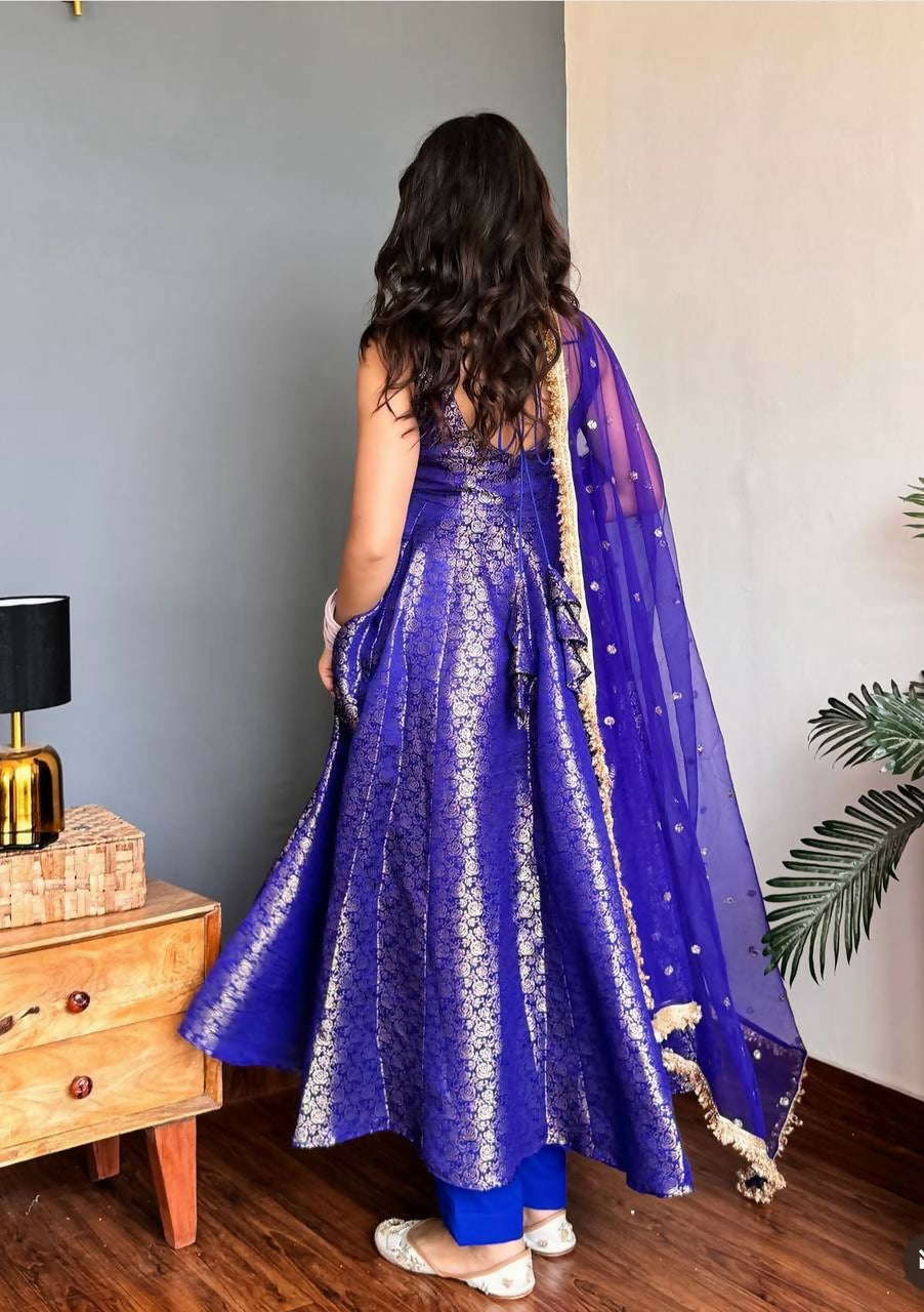 Lehenga Mart Designer Anarkali Suit With Kurta Bottom Dupatta For Women-Blue