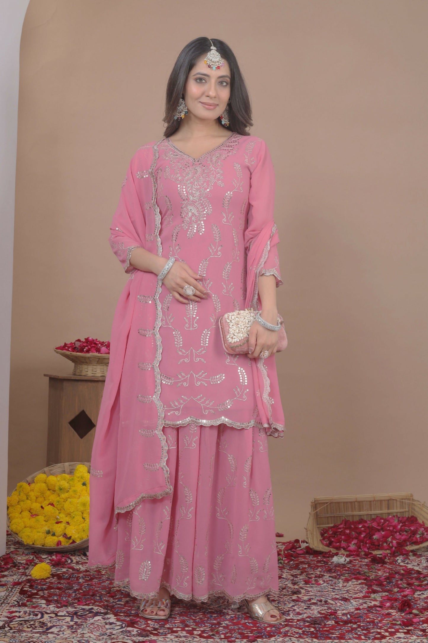 The52 Women's Gorgeous Embroidery Work Fox Georgette Fabric Straight Kurta Sharara and Dupatta Set-Pink