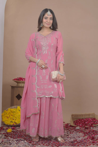 The52 Women's Gorgeous Embroidery Work Fox Georgette Fabric Straight Kurta Sharara and Dupatta Set-Pink
