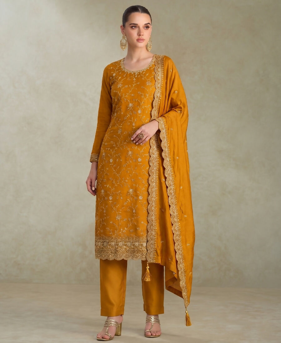 KC Yellow Silk Straight Suit For Women Heavy Embroidery Work