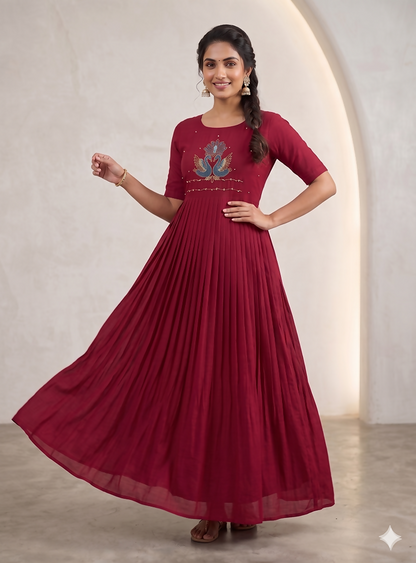 Teeya Creation Women's New Trendy Rani Pink Pleated Maxi Dress with Intricate Peacock Beadwork