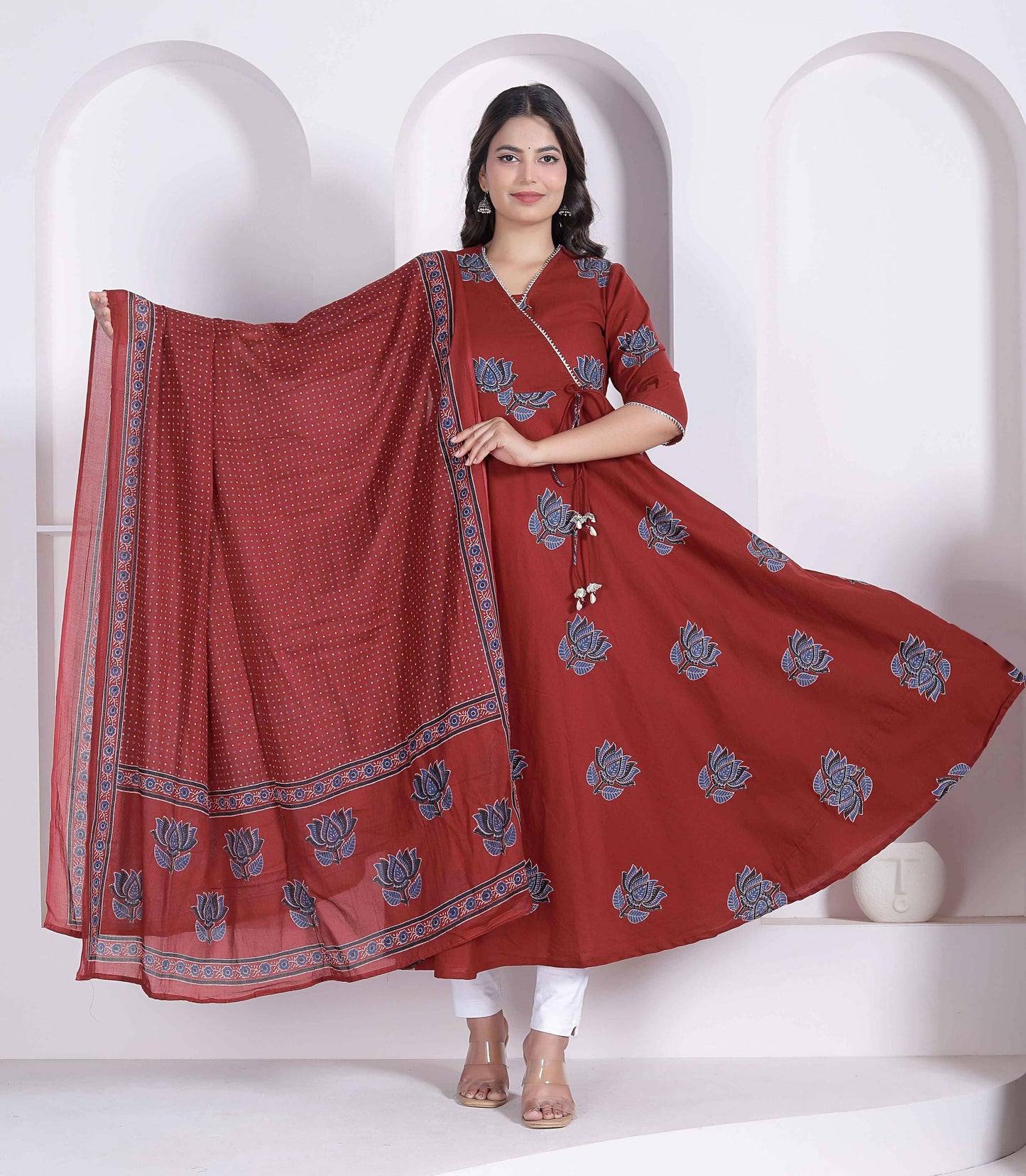 Miravan Women Rust Floral Printed Angrakha Kurta And Dupatta