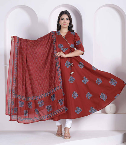 Miravan Women Rust Floral Printed Angrakha Kurta And Dupatta