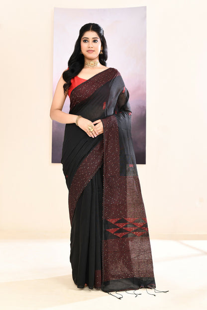 Piyari Fashion Women's Black Sequins Embellished Cotton Blend Jamdani Saree
