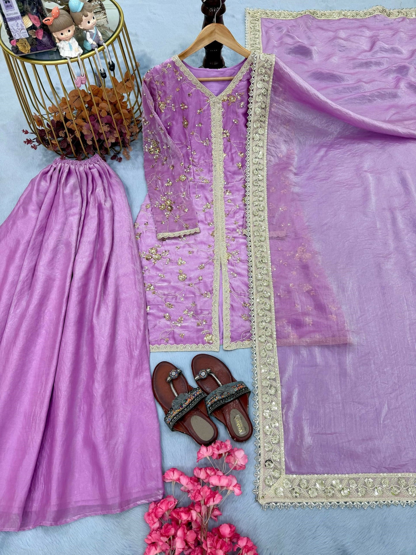 Teeya Creation Womens New Trendy Heavy Embroidery Work Kurta Palazzo Set - Lavender