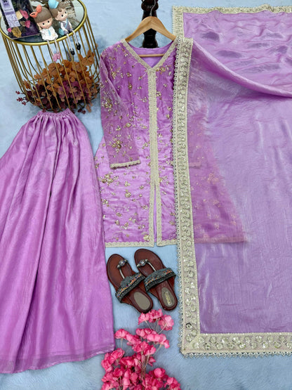 Teeya Creation Womens New Trendy Heavy Embroidery Work Kurta Palazzo Set - Lavender