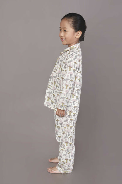 Breathables Kids Cotton White Mushroom Print Shirt & Pyjama Boys & Girls Night Suit