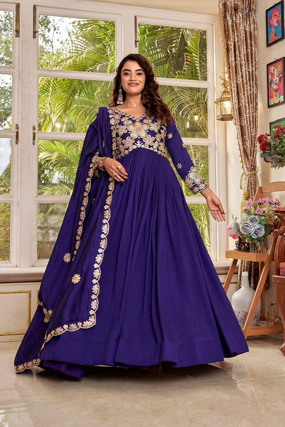 Teeya Creation Womens Casual Party Wear Heavy 5mm Sequence Embroidery Work Purple Gown Set