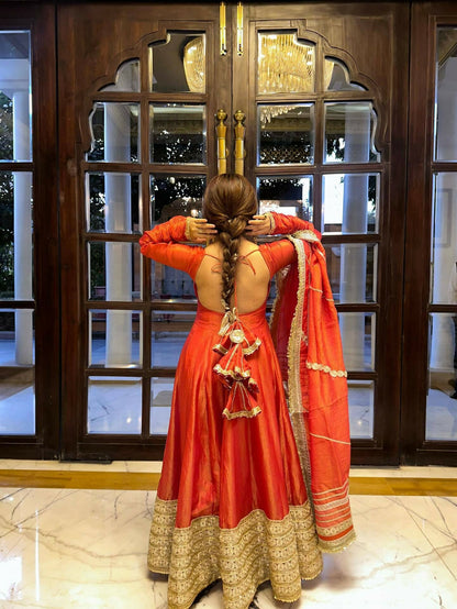 Teeya Creation Womens New Fancy Silk Heavy Quality Fabric With Handwork Orange Gown Set